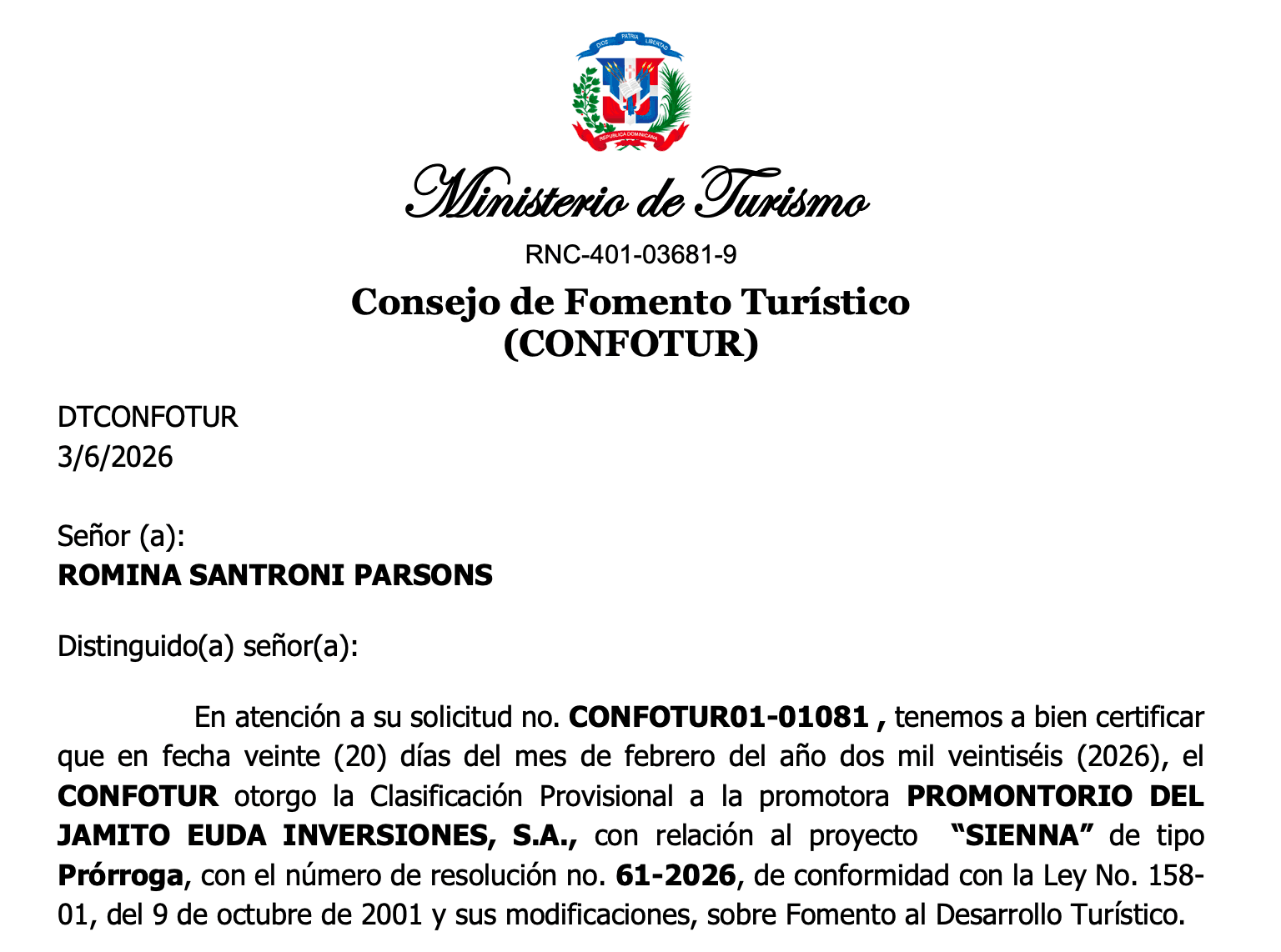 CONFOTUR provisional classification resolution