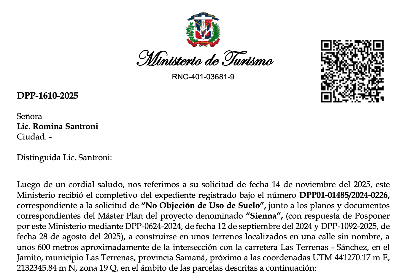 Tourism Authorization permit issued by the Ministerio de Turismo