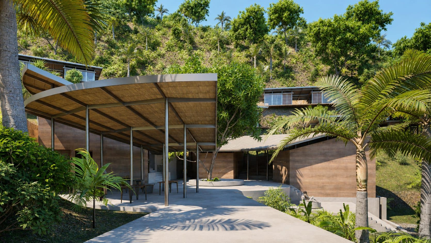 Sienna Village Center with curved roofs, open colonnades, and stone walls