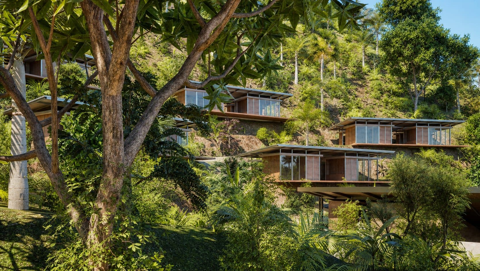 A hillside cluster of Sienna Village ecolodges among trees and tropical landscape