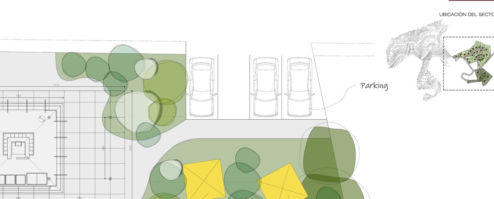 Thatched-roof kiosks and entry plaza at the Sienna estate