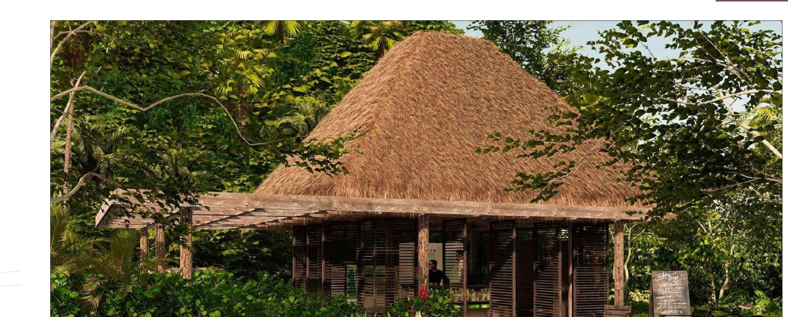 Pavillon de réception au toit de palapa à l'entrée du domaine Sienna