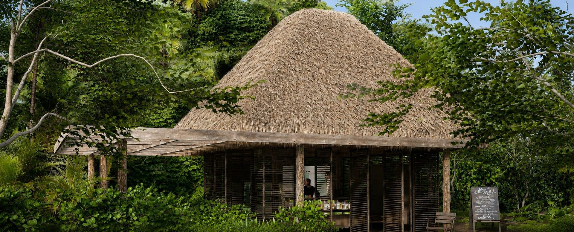 Reception pavilion with palapa roof at the Sienna estate entrance
