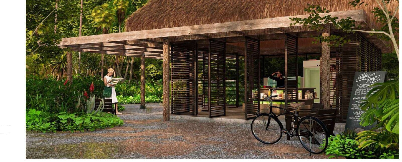 Open-air bodega and café at the Sienna estate entrance with bicycle and chalkboard menu
