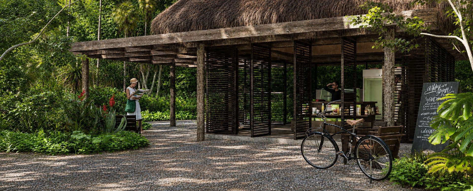 Open-air bodega and café at the Sienna estate entrance with bicycle and chalkboard menu