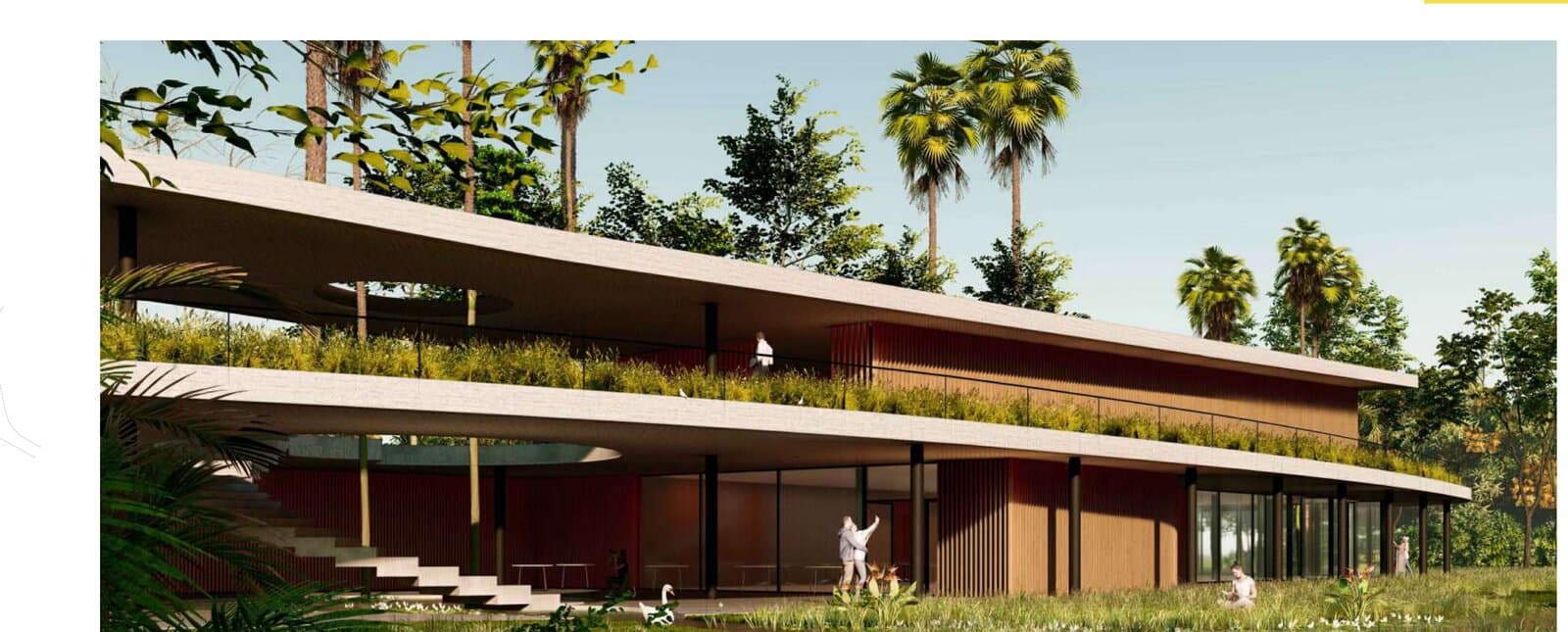 Casa Club restaurant pavilion with curved roof, green roof gardens, and views over the lake