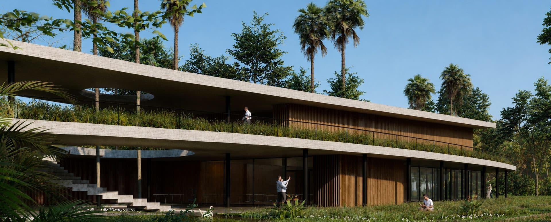 Casa Club restaurant pavilion with curved roof, green roof gardens, and views over the lake