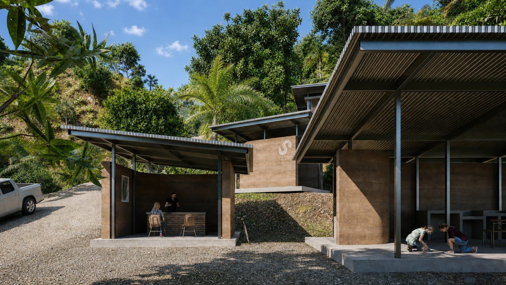 Sienna Village services pavilion with covered outdoor dining and kitchen area