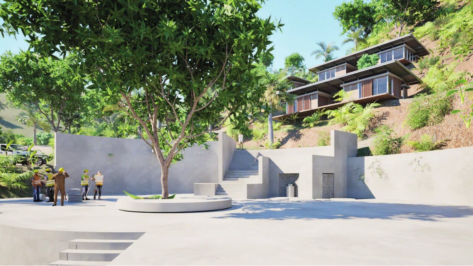 Sienna Village square with stone amphitheater steps and tree-shaded gathering area