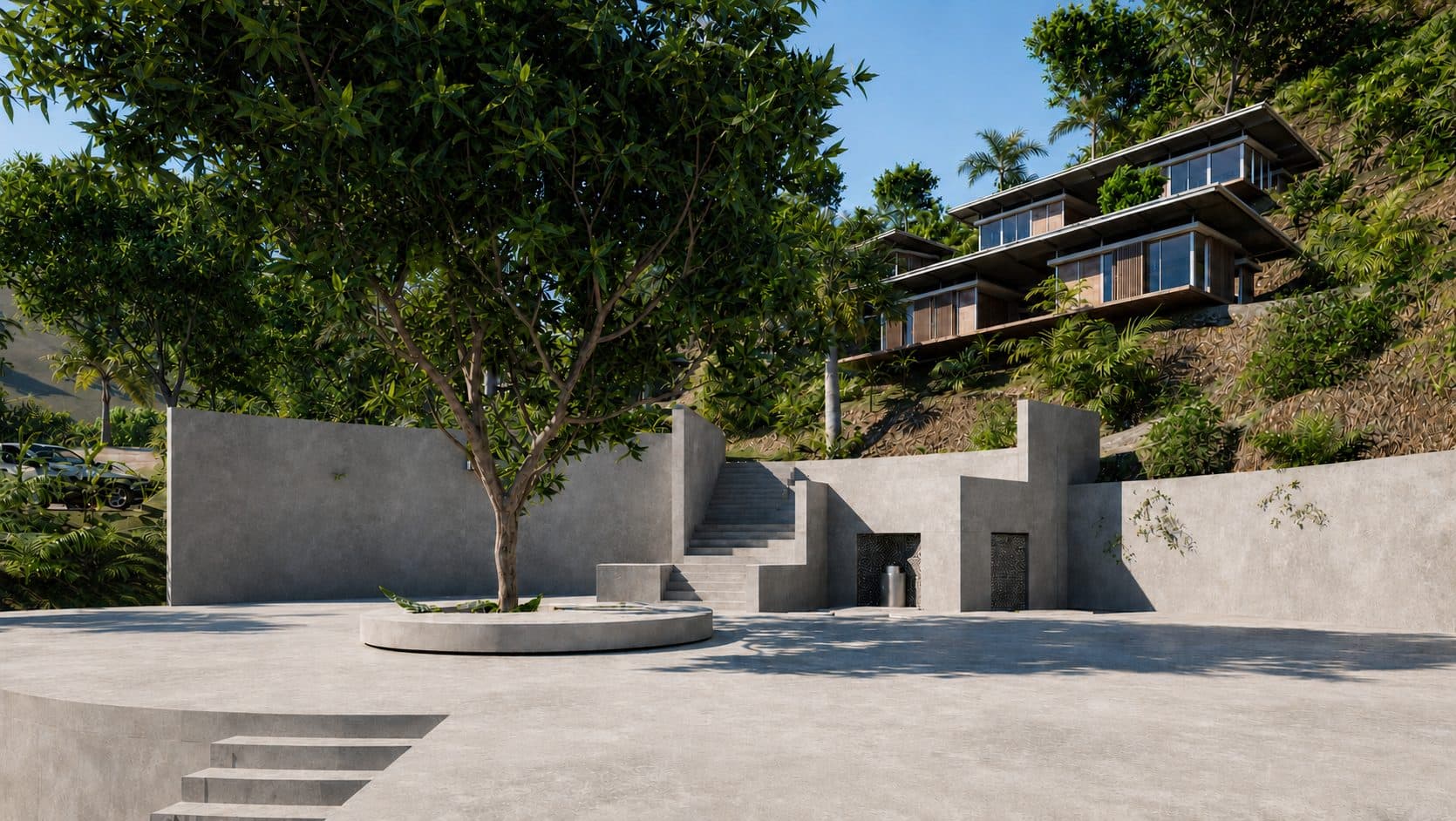 Sienna Village square with stone amphitheater steps and tree-shaded gathering area