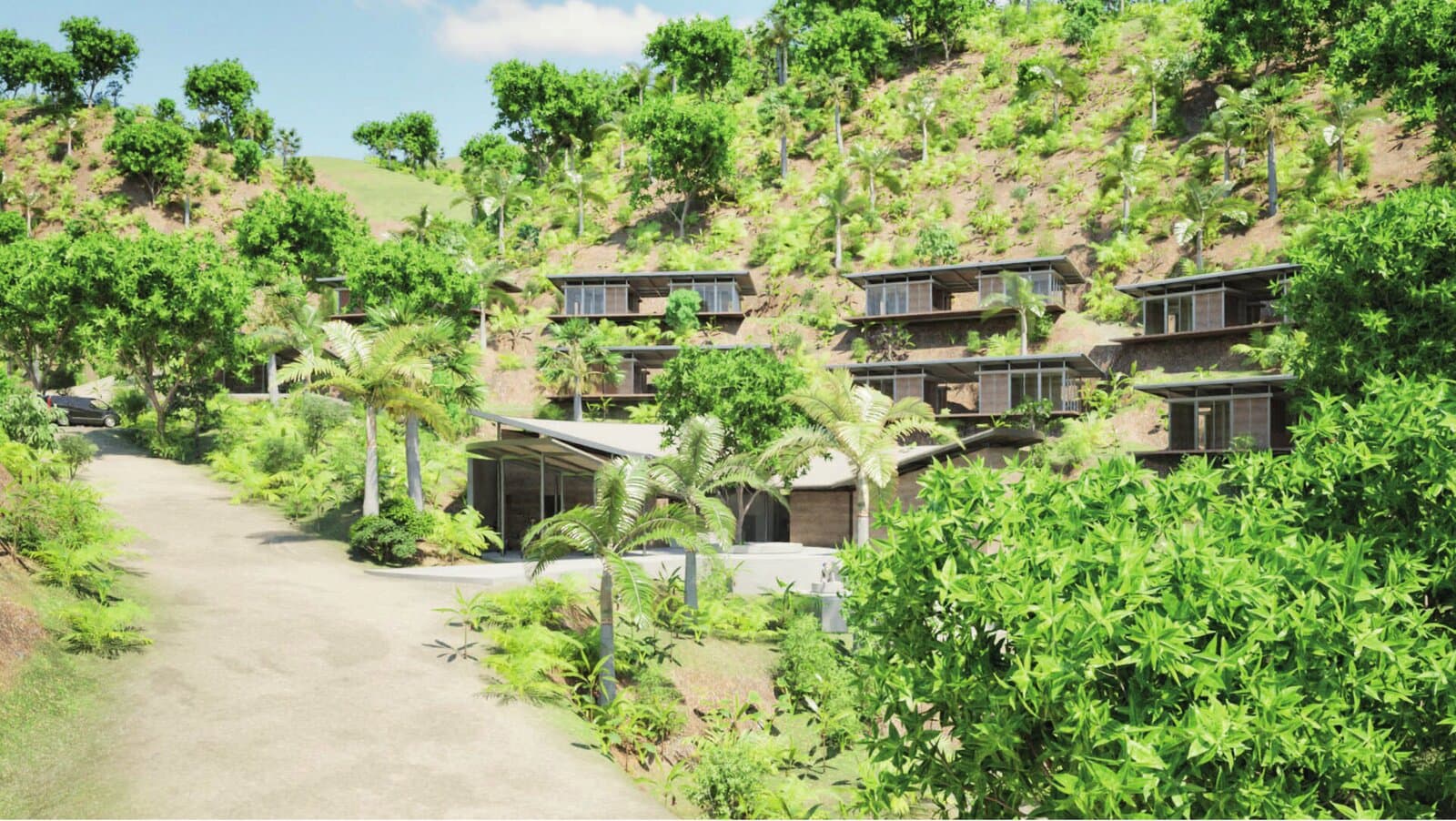 Sienna Village ecolodge cluster on a tropical hillside surrounded by vegetation