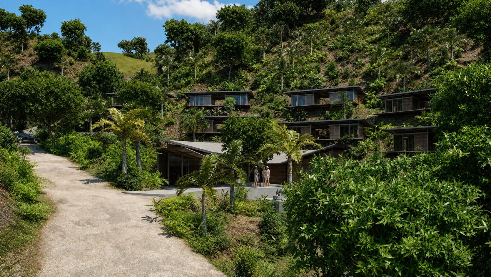 Sienna Village ecolodge cluster on a tropical hillside surrounded by vegetation