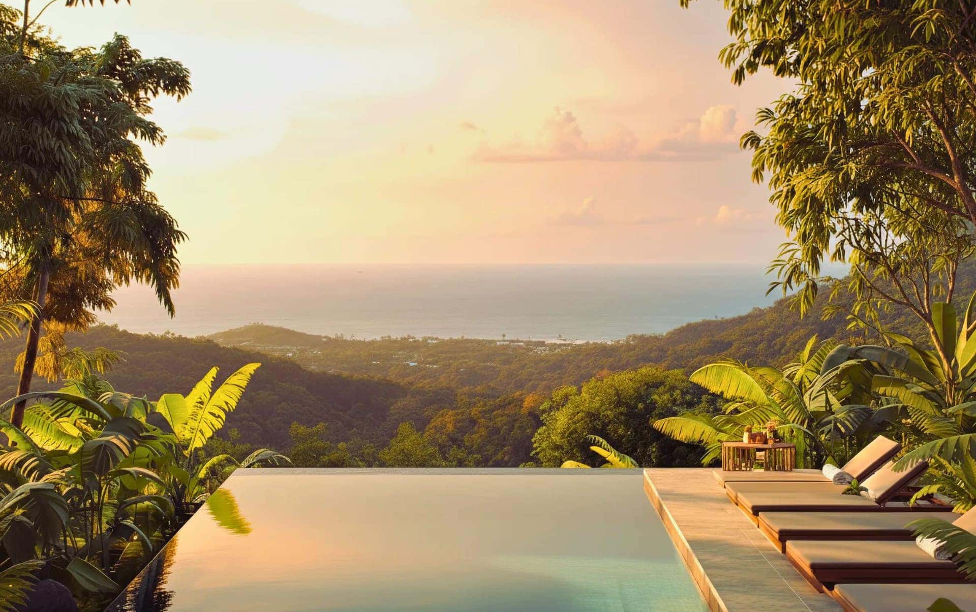 Sunset infinity pool view over the Caribbean at Sienna Terrenas in Las Terrenas, Dominican Republic