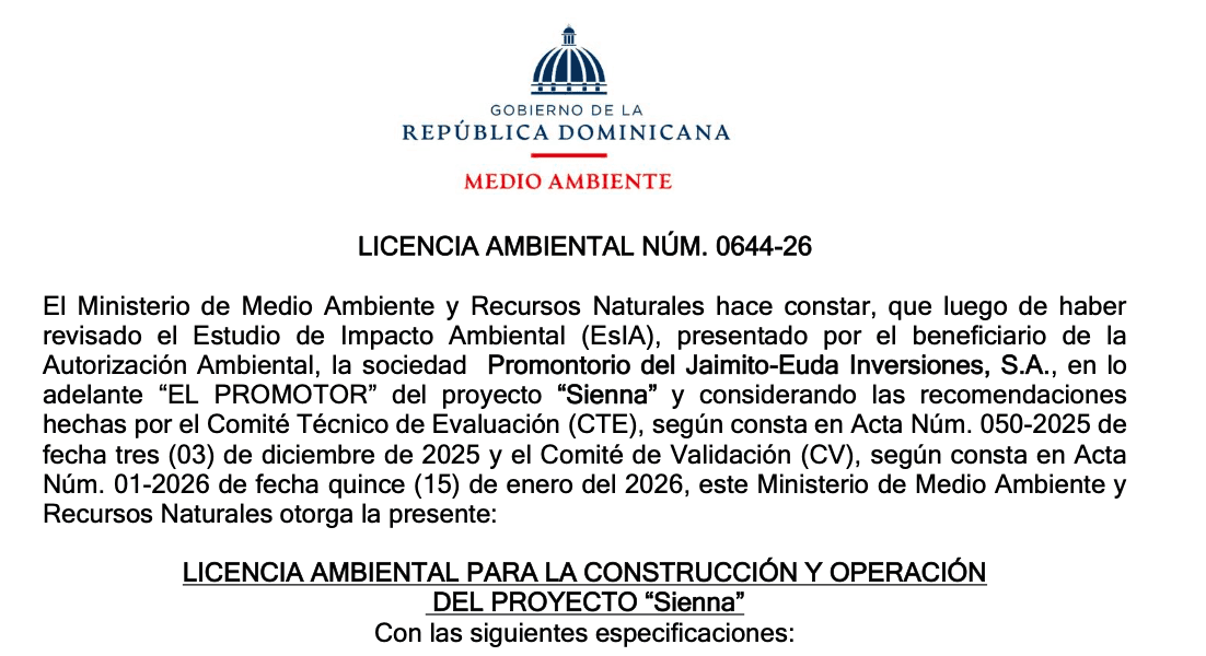 Environmental Authorization permit issued by the Ministerio de Medio Ambiente