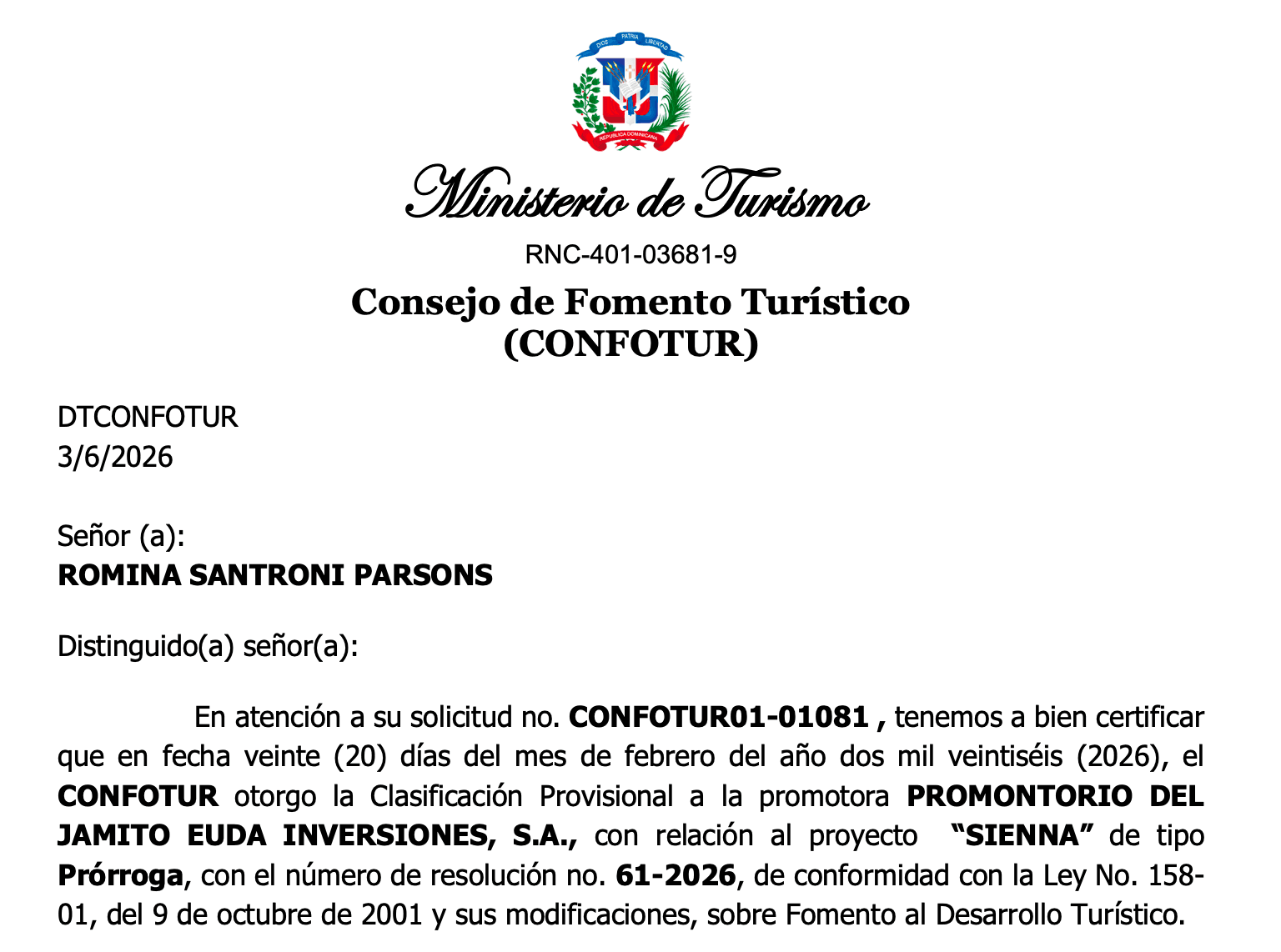 CONFOTUR provisional classification resolution