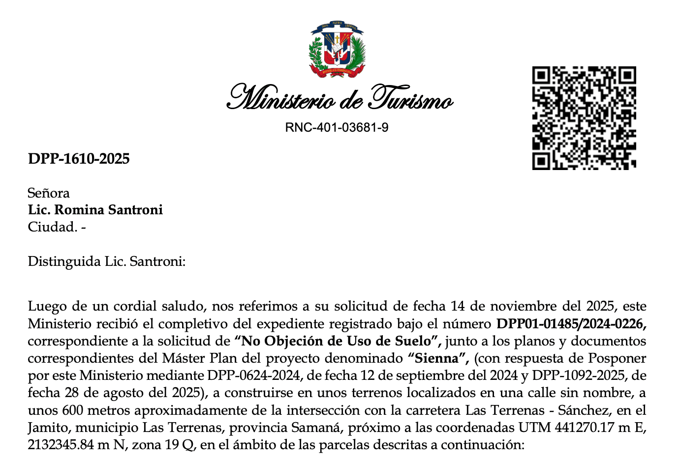 Permis d'autorisation touristique délivré par le Ministerio de Turismo