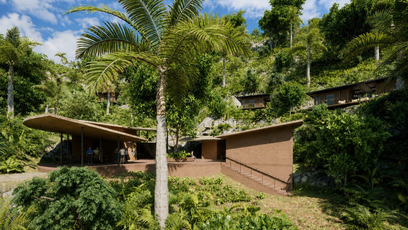 A villa stepping with the hillside, native trees preserved around the footprint