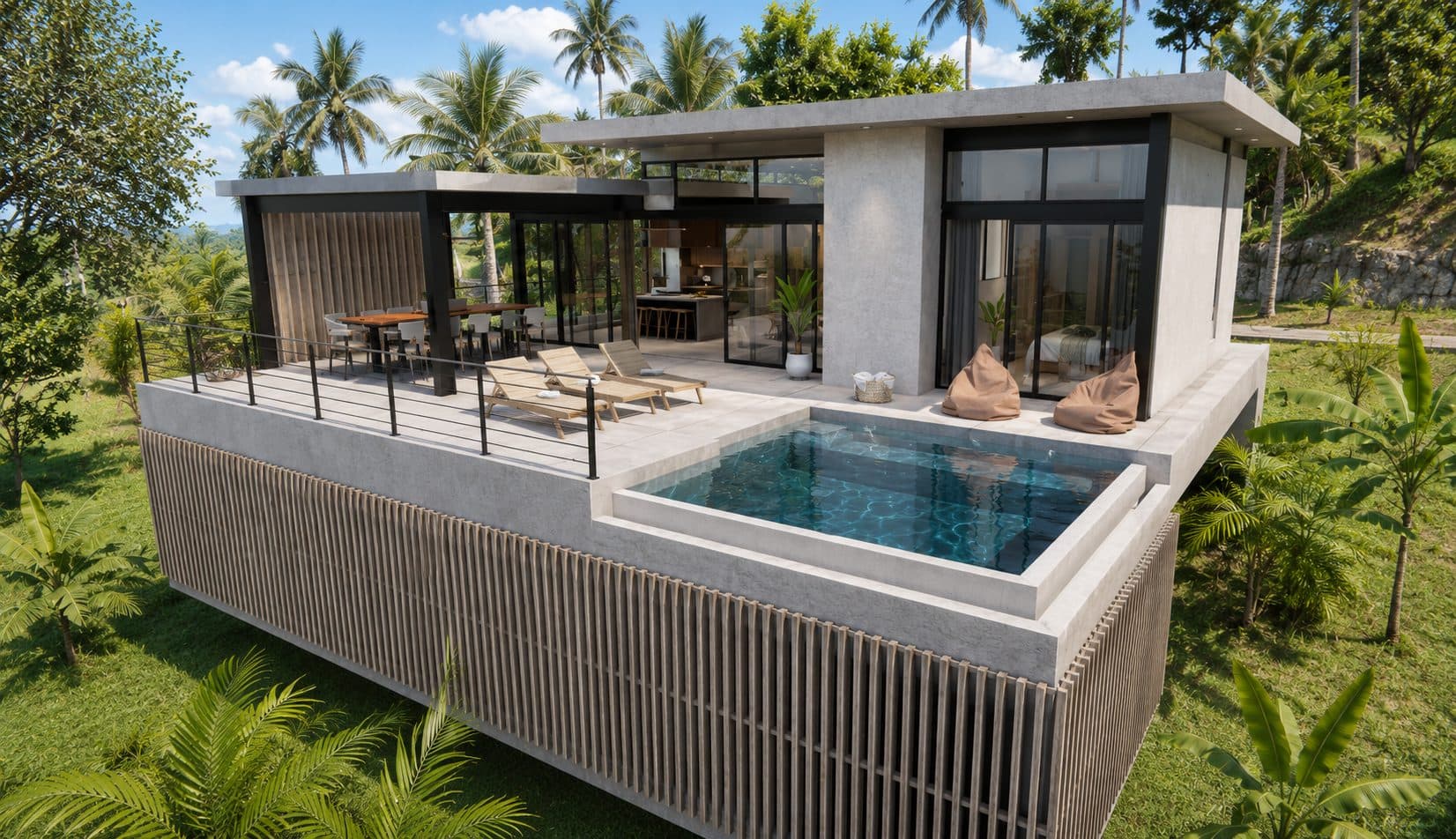 179 m² of outdoor living, three sides landscaped. - Villa Koray