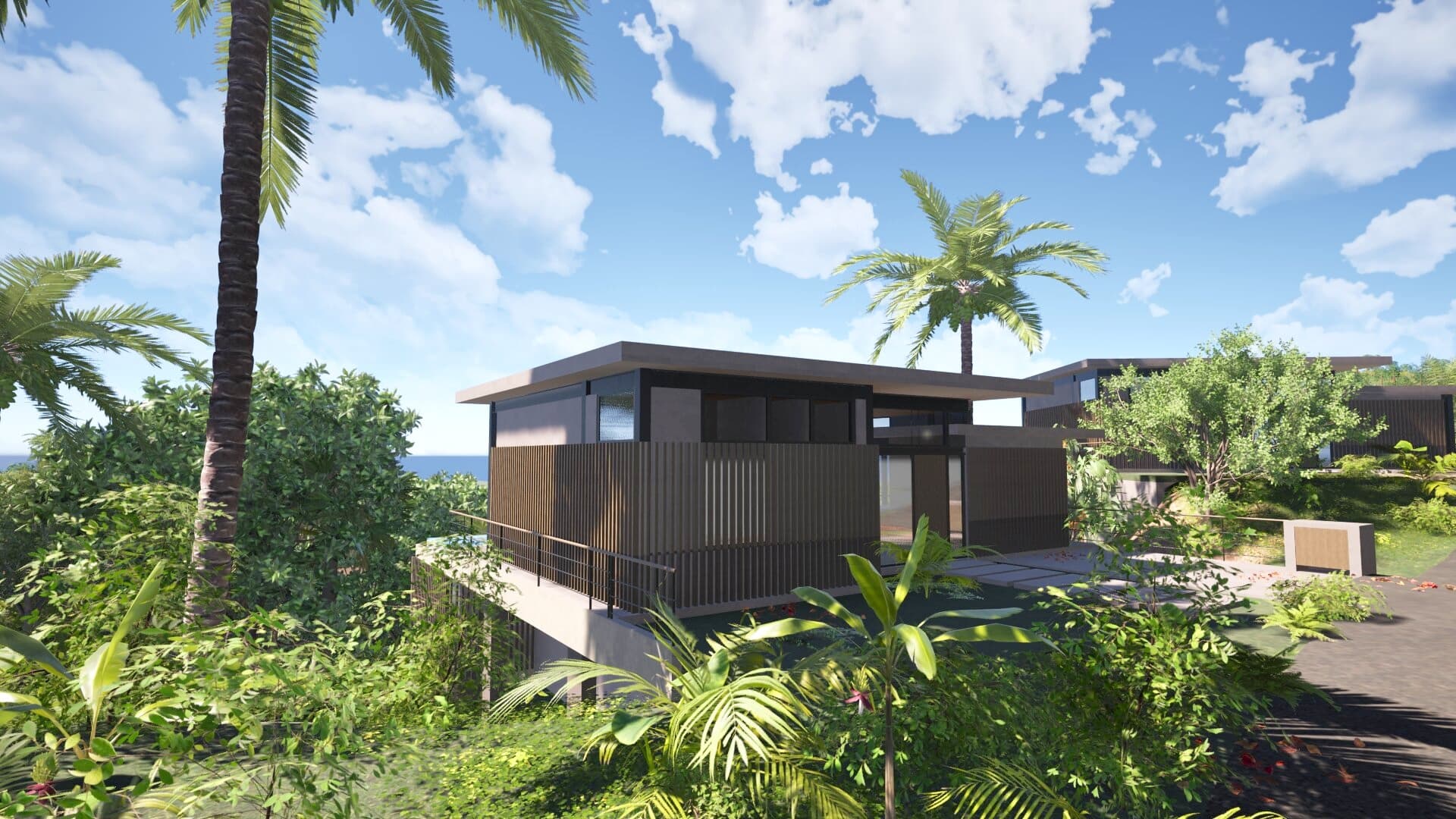 Eco-luxury villa exterior at Sienna Terrenas surrounded by tropical landscaping